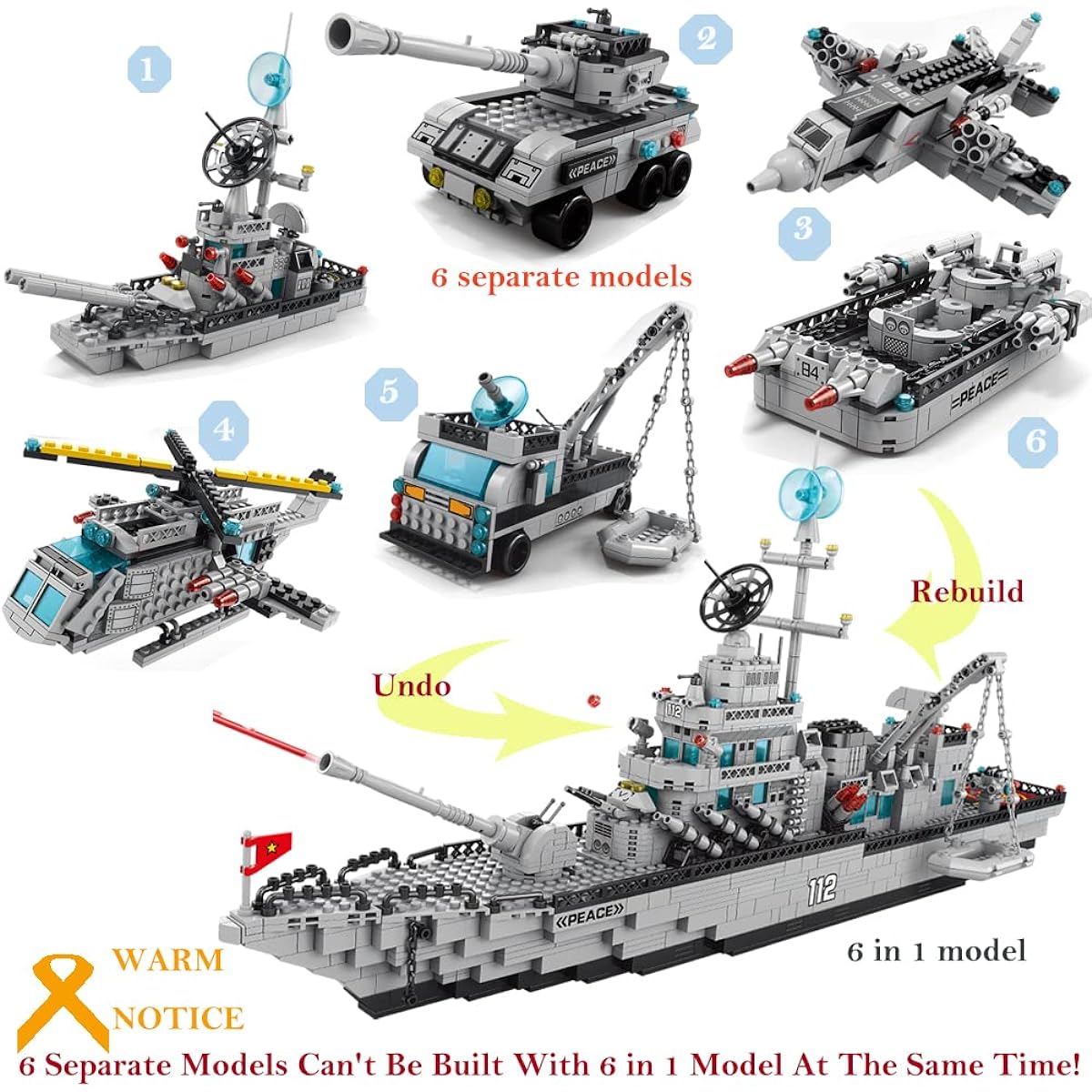 Uvini Navy Destroyer Building Blocks Set, Warship Building Kit, 6 in 1 Military Battleship Building Set, Toys Gifts for Boys Ages 8+, Gifts for Adults, 1560 Pieces