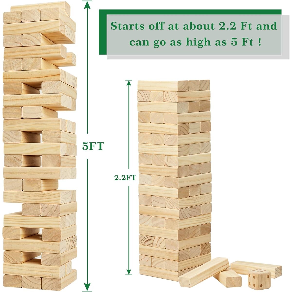 OLSA Giant Tumble Tower 60 Pieces Wooden Blocks Stacking Yard Game with Carry Bag, Classic Outdoor Game for Kids/Adults/Family (Stacks from 2.2ft to 5ft)