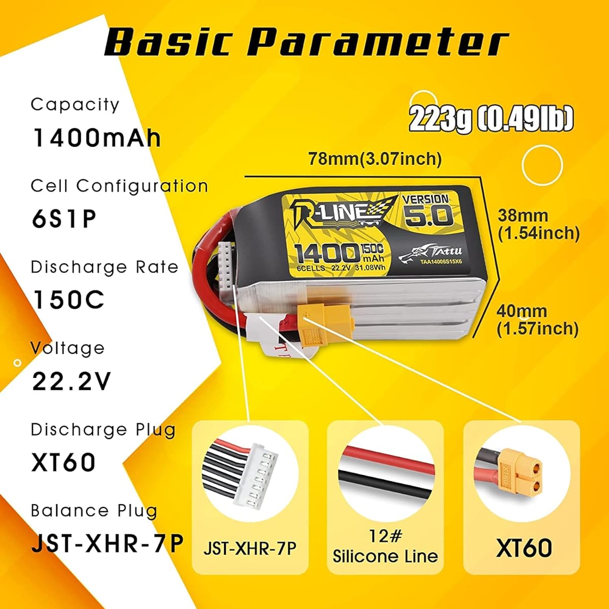 Tattu R-Line Version 5.0 6S Lipo Battery 22.2V 150C 1400mAh Lipo Battery Pack with XT60 Plug for Racing