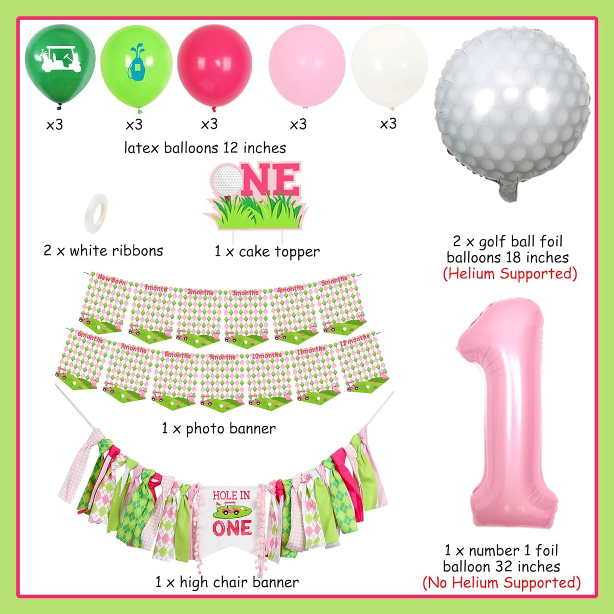 Hole in One Birthday Decorations for Girls Pink and Green Golf 1st Birthday Party Decorations - Highchair Banner, Cake Topper, Monthly Photo Banner, Foil Balloons, Outdoor Sports Theme Party Supplies