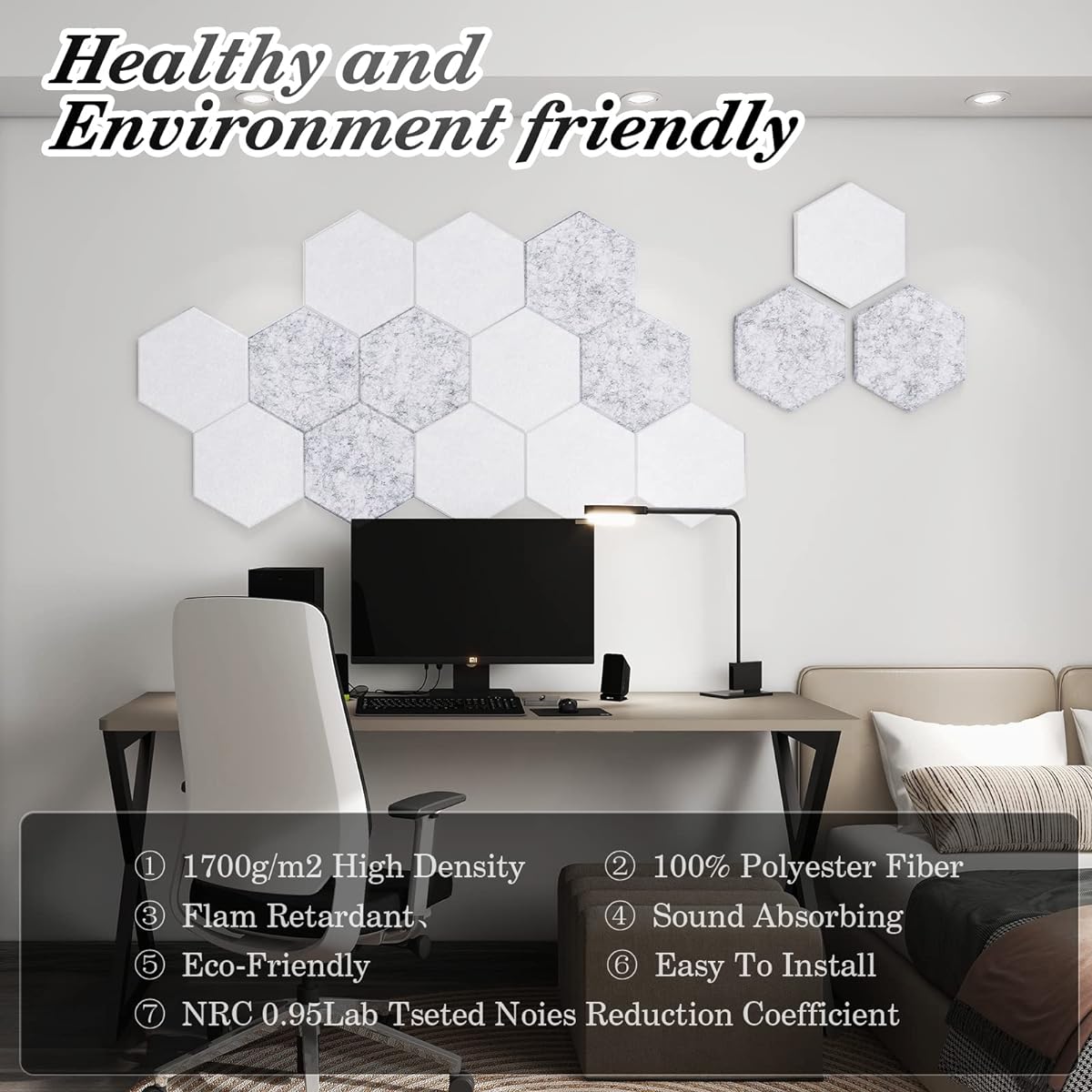 Milewa Acoustic Panels, 12 Pack Acoustic Foam Panels with Triangle Application Tool, 14" x 12" x 0.4" Hexagonal Acoustic Wall Panels High Density Soundproofing Pad for Soundproofing Rooms (Silver Gray)