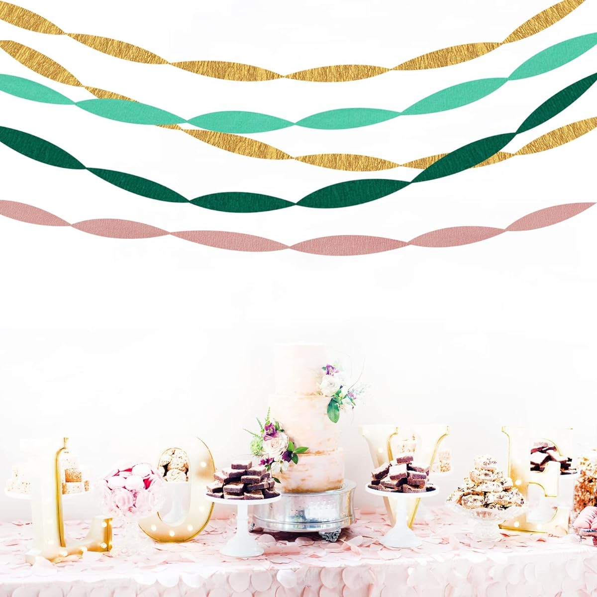 Sage Green Pink Gold Crepe Paper Streamers 8 Rolls Green Party Decorations Streamers Birthday Rustic Wedding Bridal Shower Bachelorette Engagement Paper Floral Valentine's Mother's Day Decor Pandura