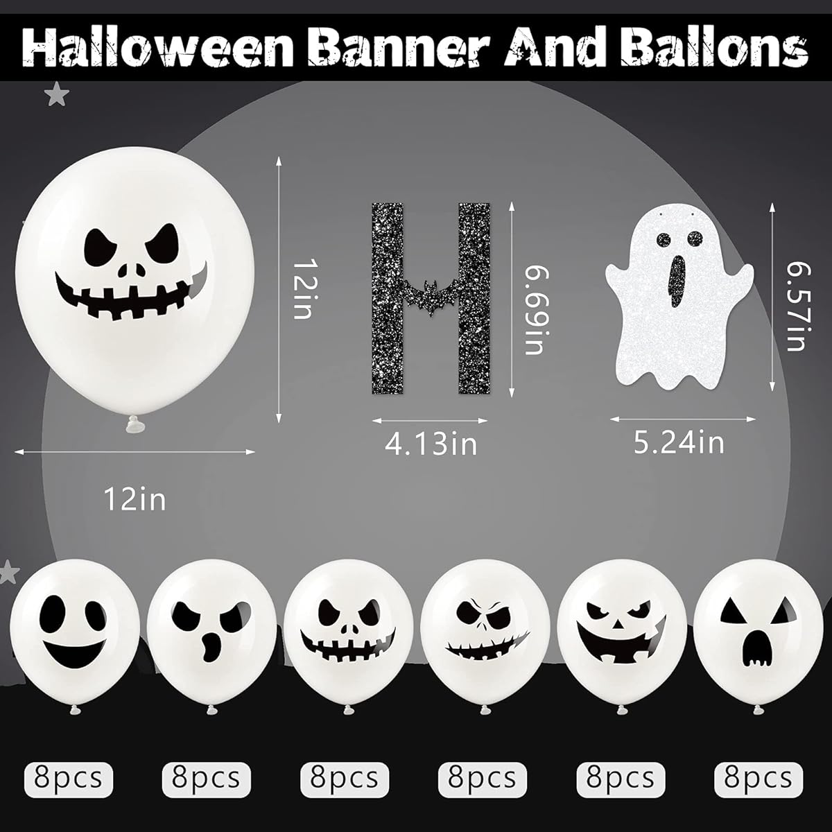 50pcs Black Glitter Here for The Boos Banner Ghost Latex Balloons Halloween Ghost Banner Ghost Latex Balloons Ghost Expression Balloons Halloween Theme Party Supplies Ghost Home Decoration