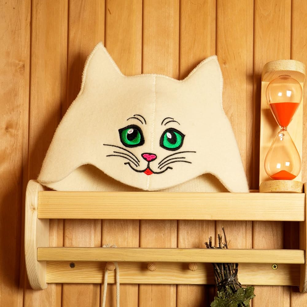 Natural Sauna Hat "Sauna Kitten Green" White/Gray 100% organic wool material makes you feel like you're in a Russian sauna - Protects your head from the heat - English e-book about saunas Comes with a guide – with embroidery