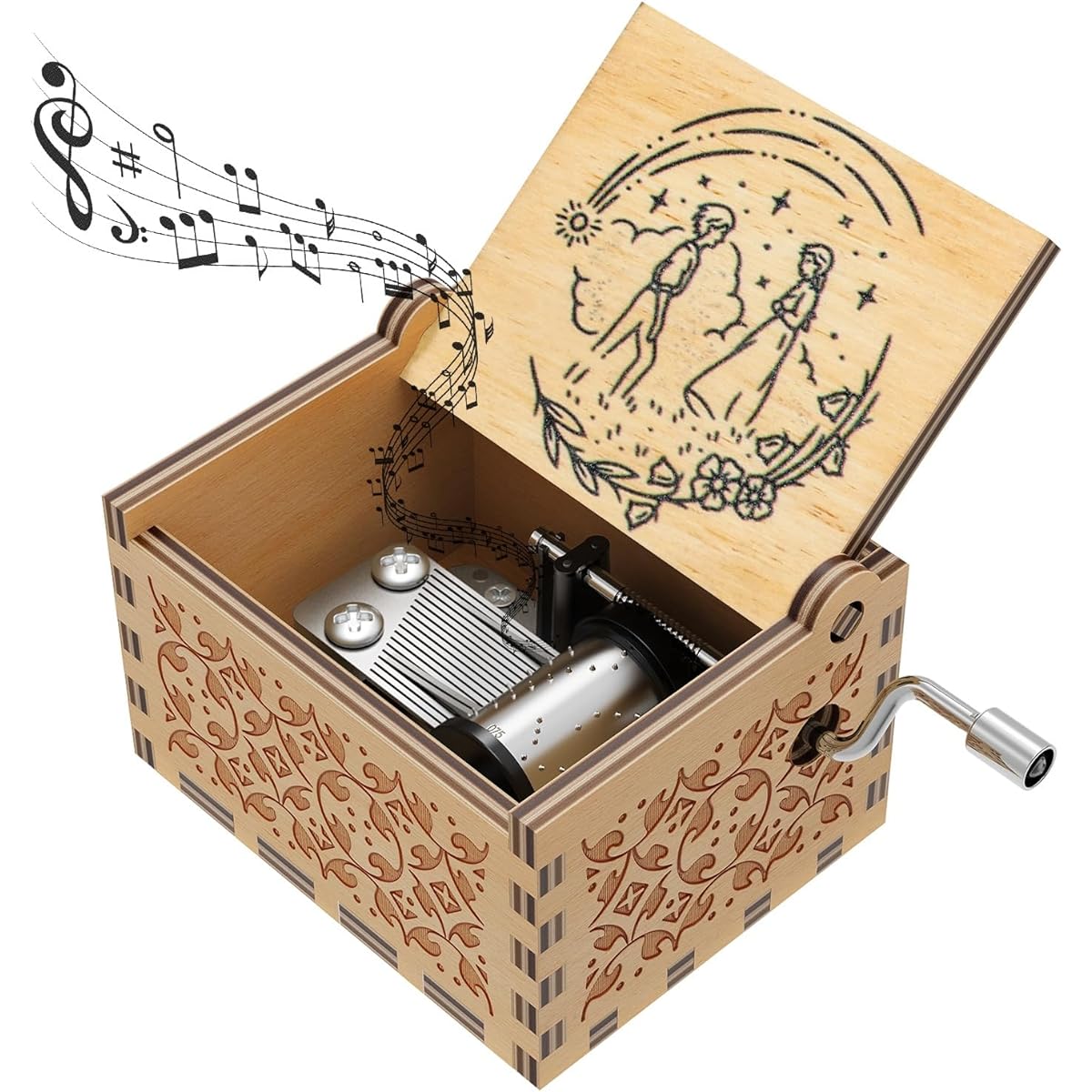 Huntmic Animated Howl's Moving Castle Music Box Antique Carved Wooden Hand Crank Howl Sophie Music Box for Kids Christmas/New Year (Wooden Style 2)