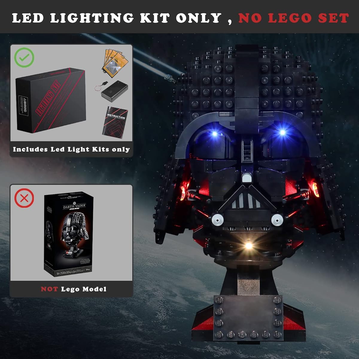 Xunsan LED Light Kit for Lego Darth Vader Helmet 75304 - Light Set Compatible with Lego 75304 Set - (Light Kit Without Model)