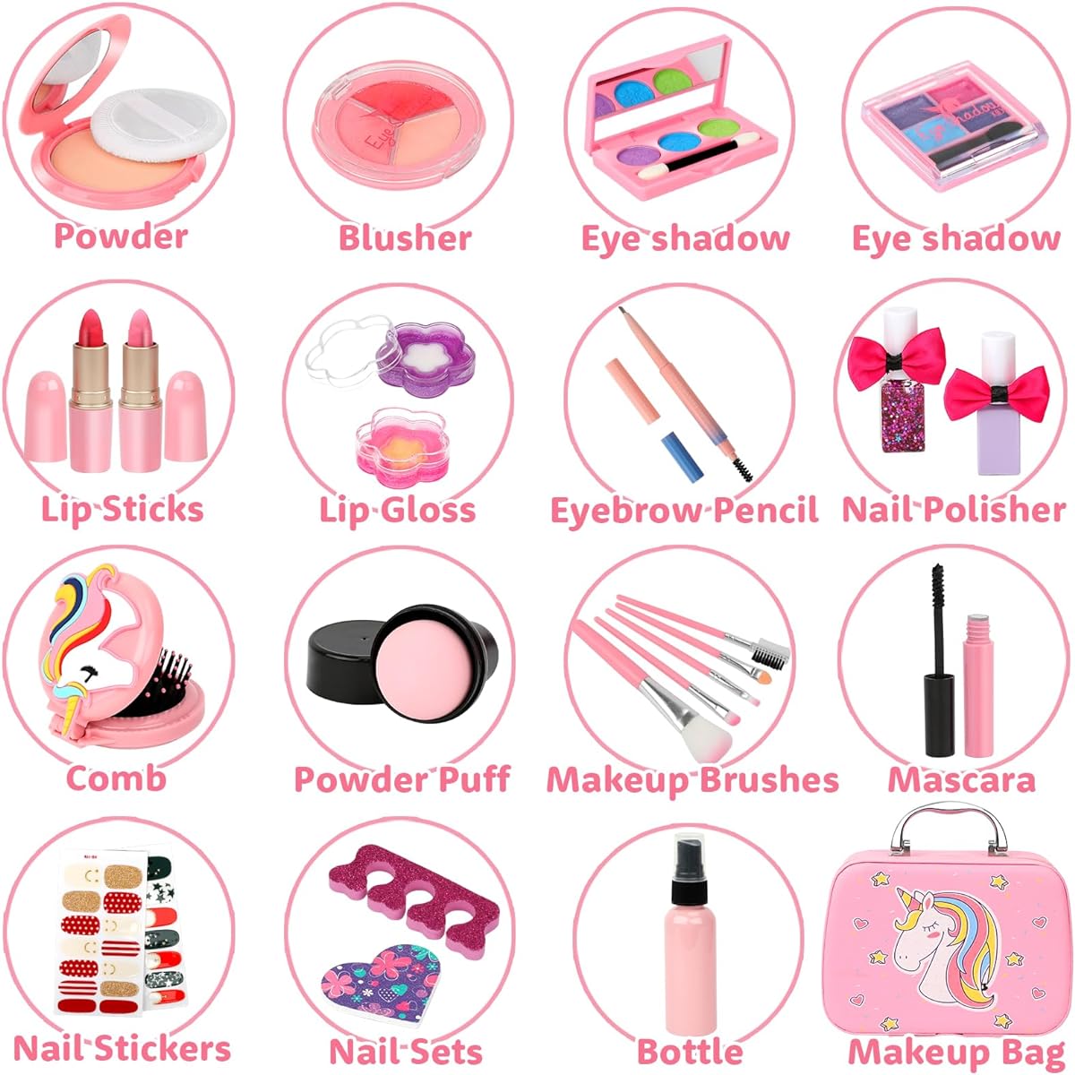 Flybay Kids Girls Makeup Kit, Realistic Washable Cosmetics Set for Girls, Kids Princess Makeup Toy Pretend Play Makeup Kit, Christmas Toy Gift with Makeup Case, for 4, 5, 6, 7, 8 Year Old Girls