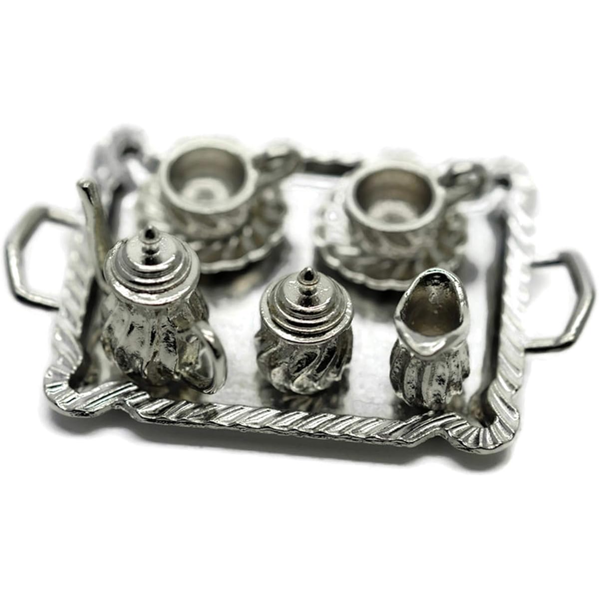 Cool Price Vintage Silver Plate Antique Tea Set Serving Tray Teapot 2 Tea Cups Dollhouse Miniature Food Supplies
