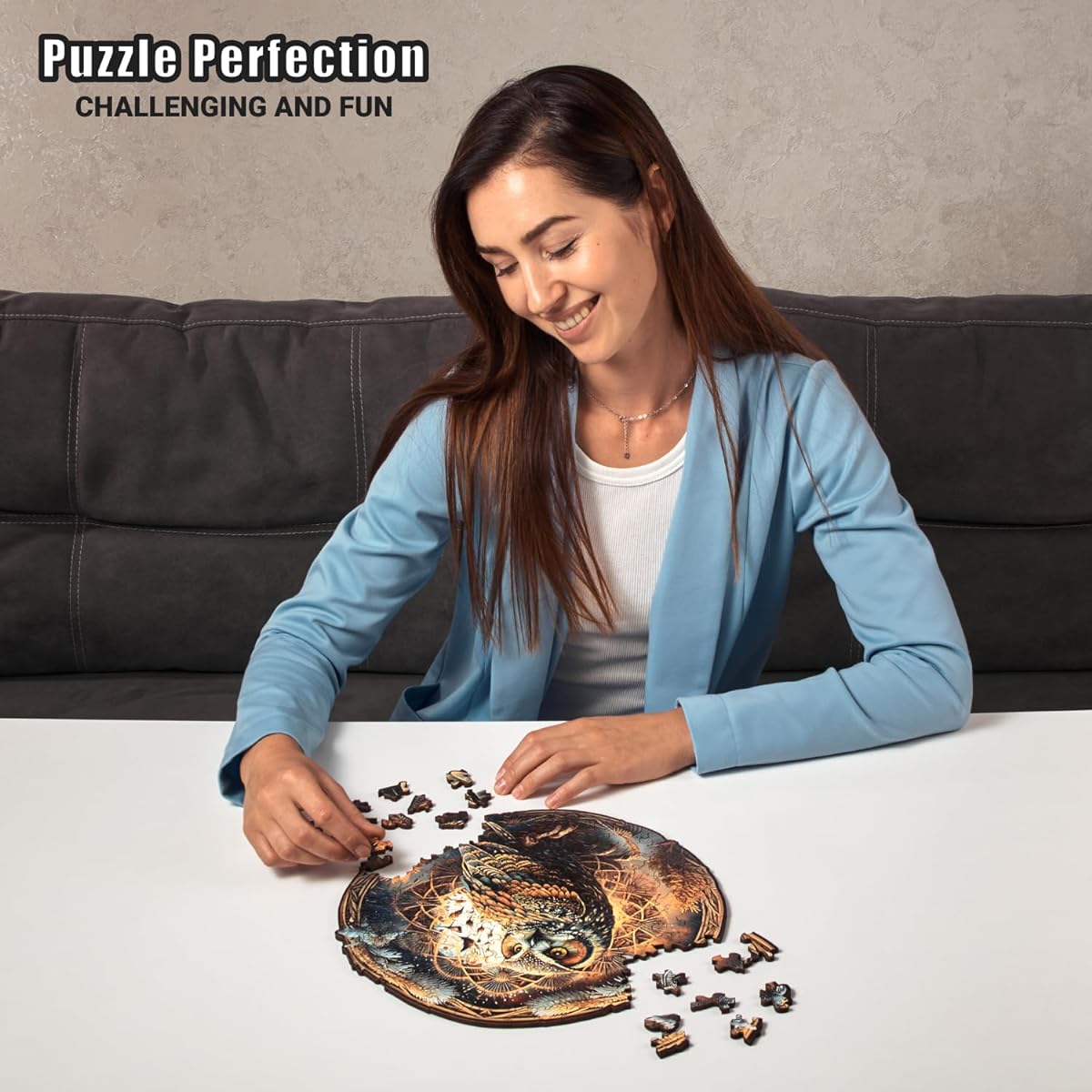 LEOGOR Mandala Owl Puzzle 200 Piece - Wooden Jigsaw Puzzle for Adults and Kids Whimsical Animal Shape Pieces - 12 x 11.8 Inch Mosaic Wood Cut - Magical Gift Boxed for Challenging Fun