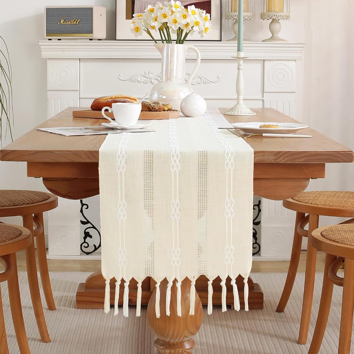 Cenebonxy Rustic Boho Table Runner Kitchen Table Runner Farmhouse Table Runner 90" Long for Dining Table Decor 13x90" Ivory