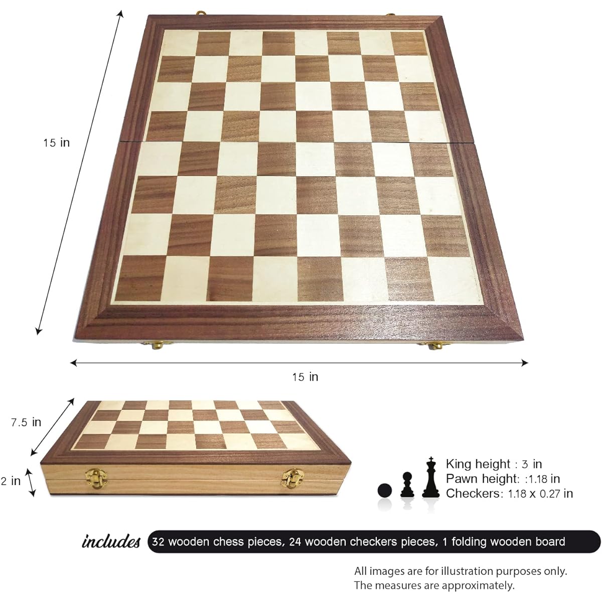 Wooden Chess & Checkers Game Board Set Large 15x15 Wooden Classic Unique Portable Travel Set Ajedrez