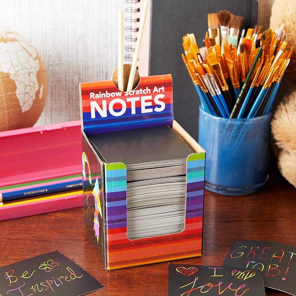 Bright Creations Rainbow Scratch-off Notes with 2 Wooden Stylus Sticks (3.5", 300 Sheets)