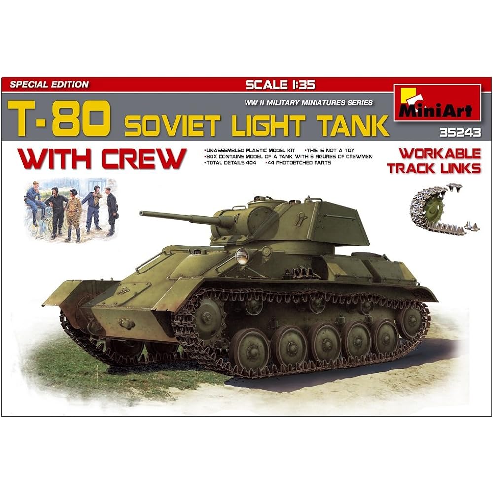 Miniart 1/35 T-80 Soviet light tank & 5 crew members, movable track-connected plastic model MA35243