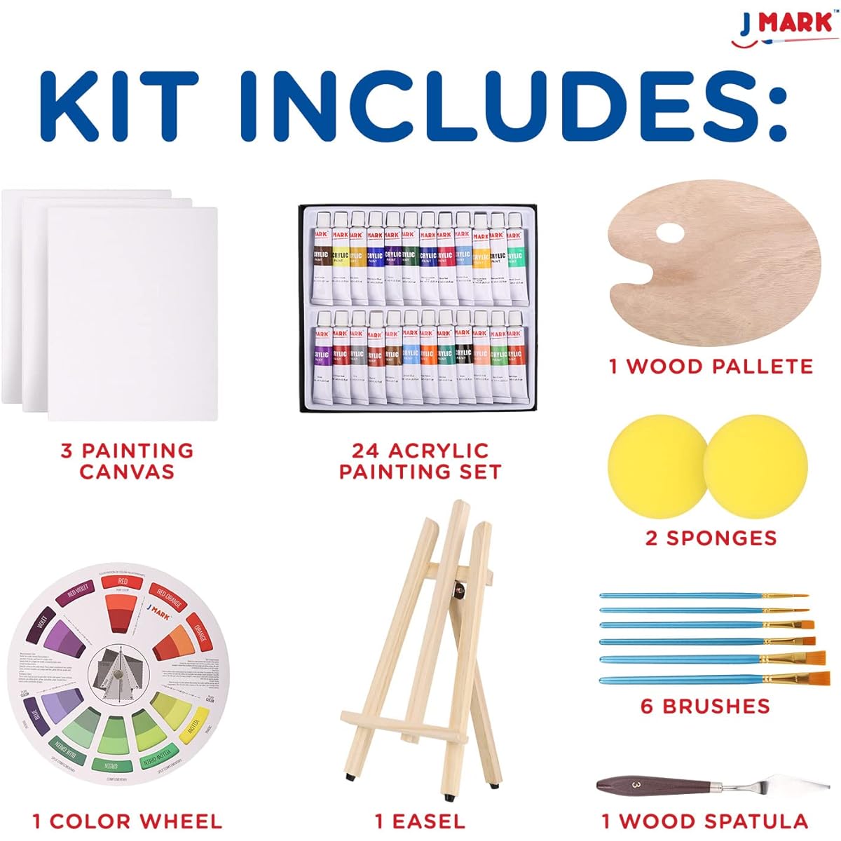 J MARK Canvas & Paint Set - 39 Canvas Paint Set with 24 Acrylic Paints, 3 Canvases, Brushes, Wood Palette, Table Easel, Color Wheel, Spatula - Art Supplies for Beginners - Great Gift or Date Night Activity