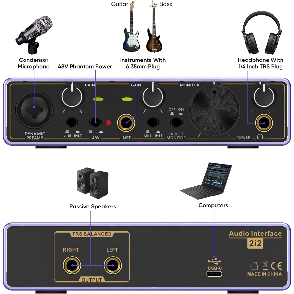 Ueteto 2i2 USB Audio Interface, Universal Audio Interface for PC, MAC/Music/Computer Recording and Podcasting with 48V Phantom Power