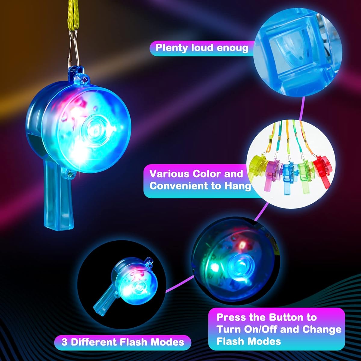 100pcs Luminous Whistles LED Light Up Whistles with Lanyards Glow in the Dark Whistle Necklaces for Birthday Christmas Halloween Party Favors Goodies Bag Fillers Random Color