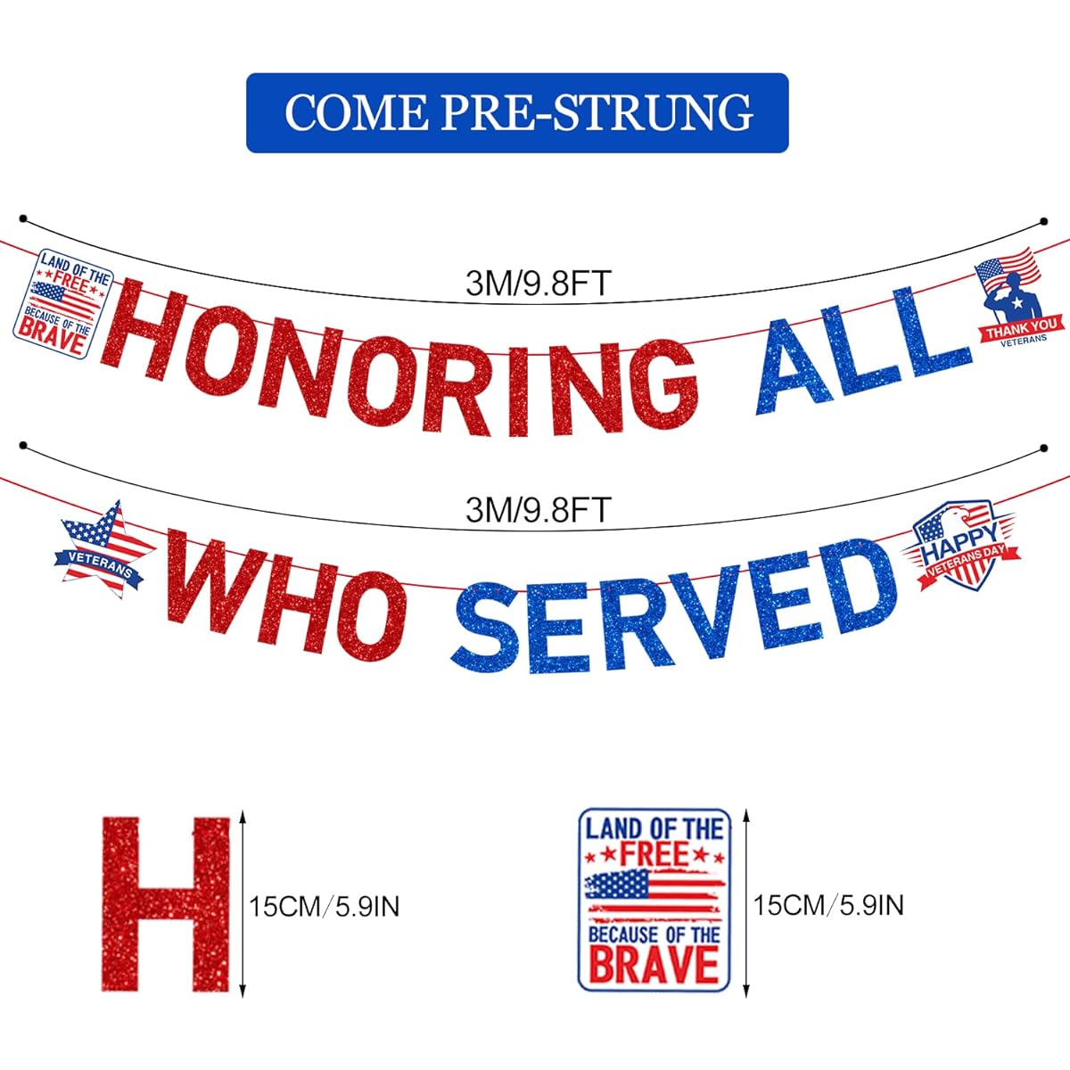 PTFNY Glittering Honor All Who Served Banner Veterans Day Banner American Flag Stars and Stripes Sign Patriotic Background Banner Veterans Day Theme Party Decoration Supplies