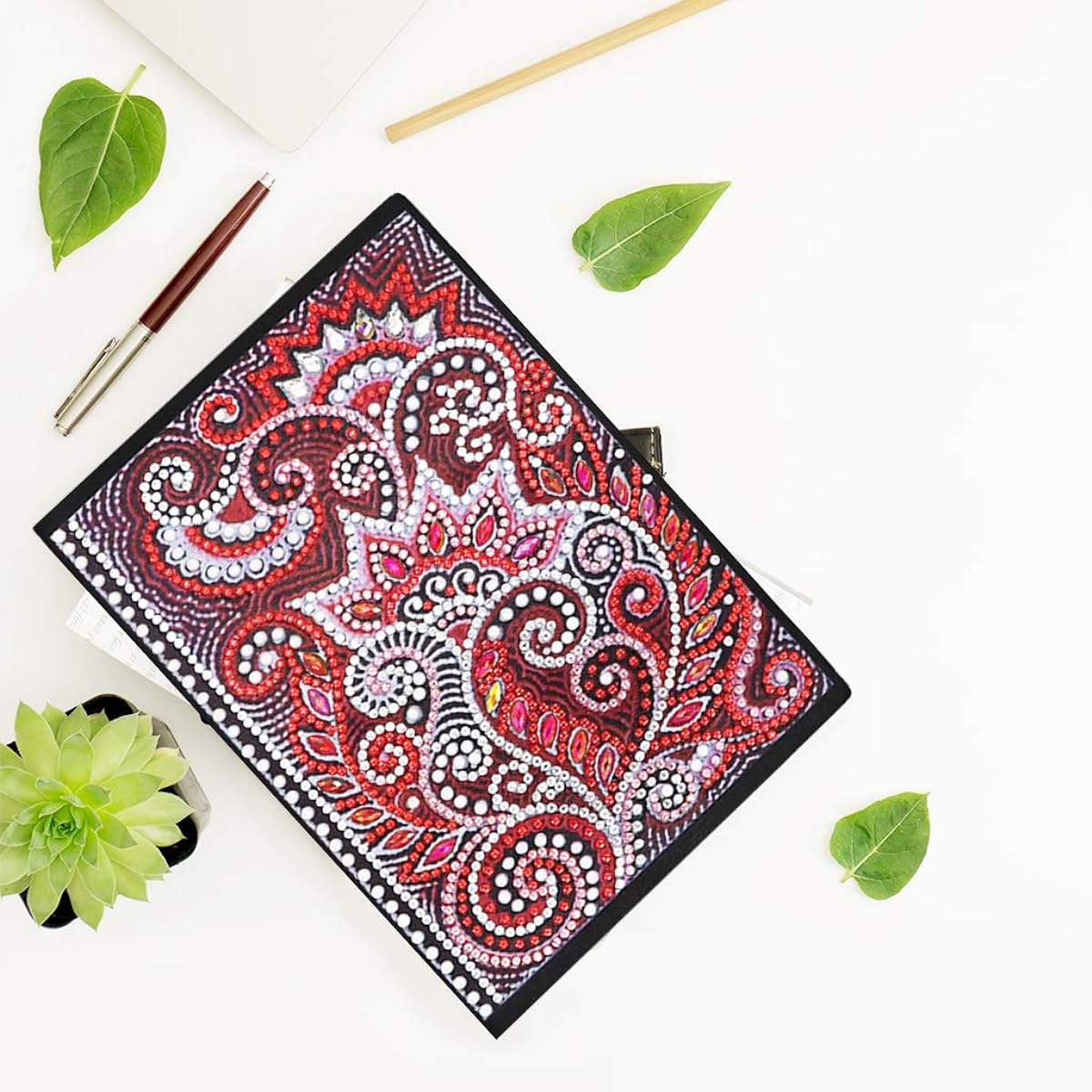 5D Diamond Painting Art DIY Cross Stitch Notebook A5 Writing Notebook Secret Diary Women Sketchbook Teens Notepad A5 with Colorful Diamonds for Office/Home/Craft/Art Red Mandala