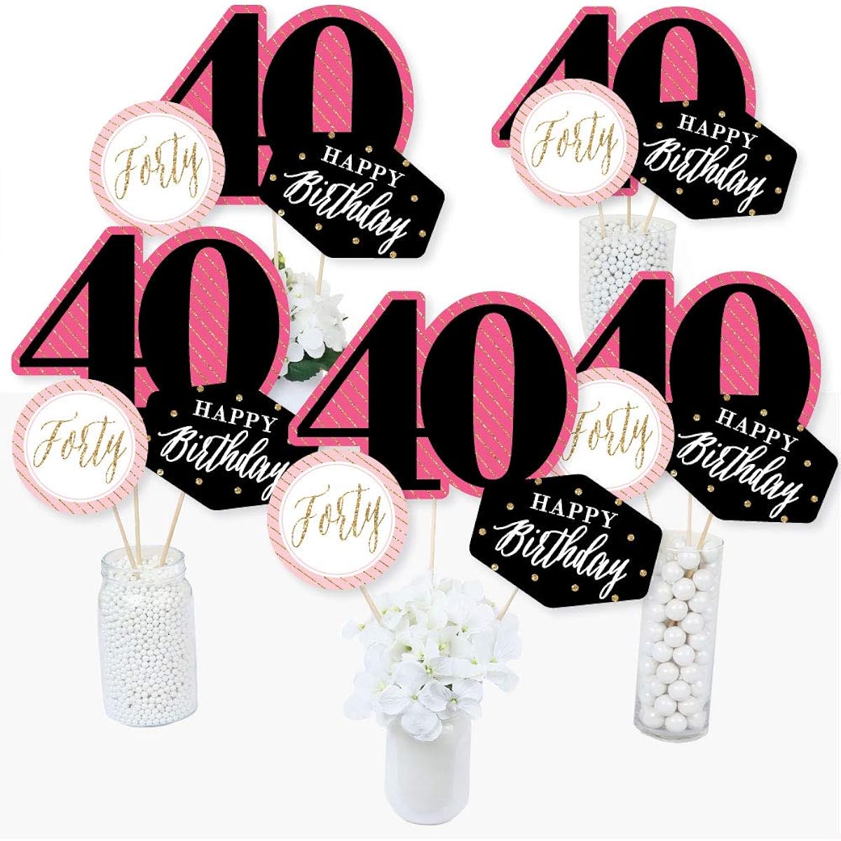 Chic 40th Birthday - Pink, Black and Gold - Birthday Party Centerpiece Sticks - Table Toppers - Set of 15