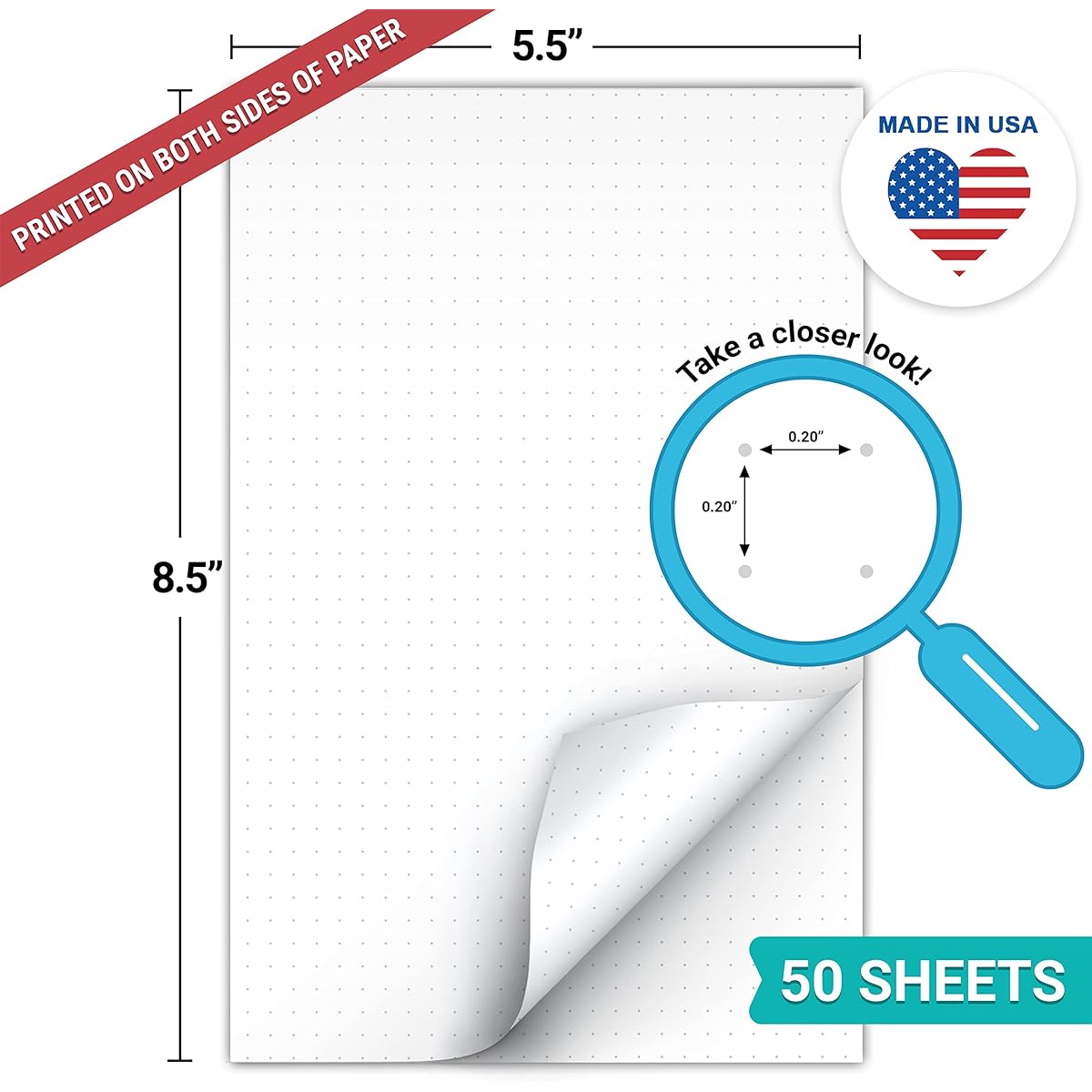 321Done Double-Sided Dot Graph Paper Notepad 0.2" Grid 5.5x8.5 Made in USA Double-Sided Dot Graph Pad Sketching Planning BUJO Bullet Journal (50 Sheets) Thick Heavy Blank Paper