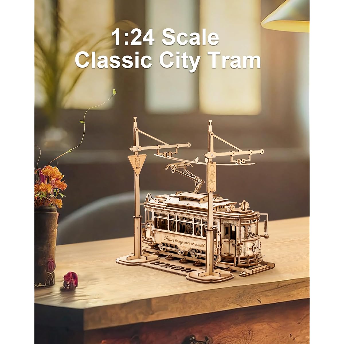 ROBOTIME 3D Wooden Puzzle, Streetcar, Classic City Tram, 1:24 Scale Model Car Kit, Mechanical, Movable Model, Craft Kit, DIY, Craft, Assembly, Kill Time, Educational Toy, Wooden Model for Kids and Adults, Birthday, Christmas Gift