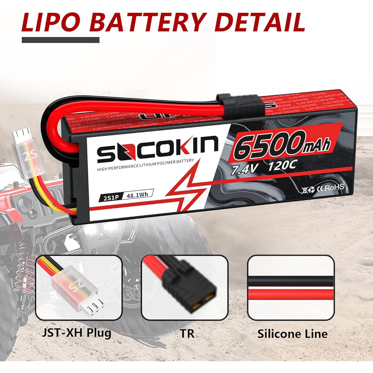 SOCOKIN 2S Lipo Battery 7.4V 6500mAh 120C RC Lipo Battery with Hard Case TR Plug for RC Car RC Truck Airplane Helicopter Boat Car Racing RC Hobby (2 Pack)