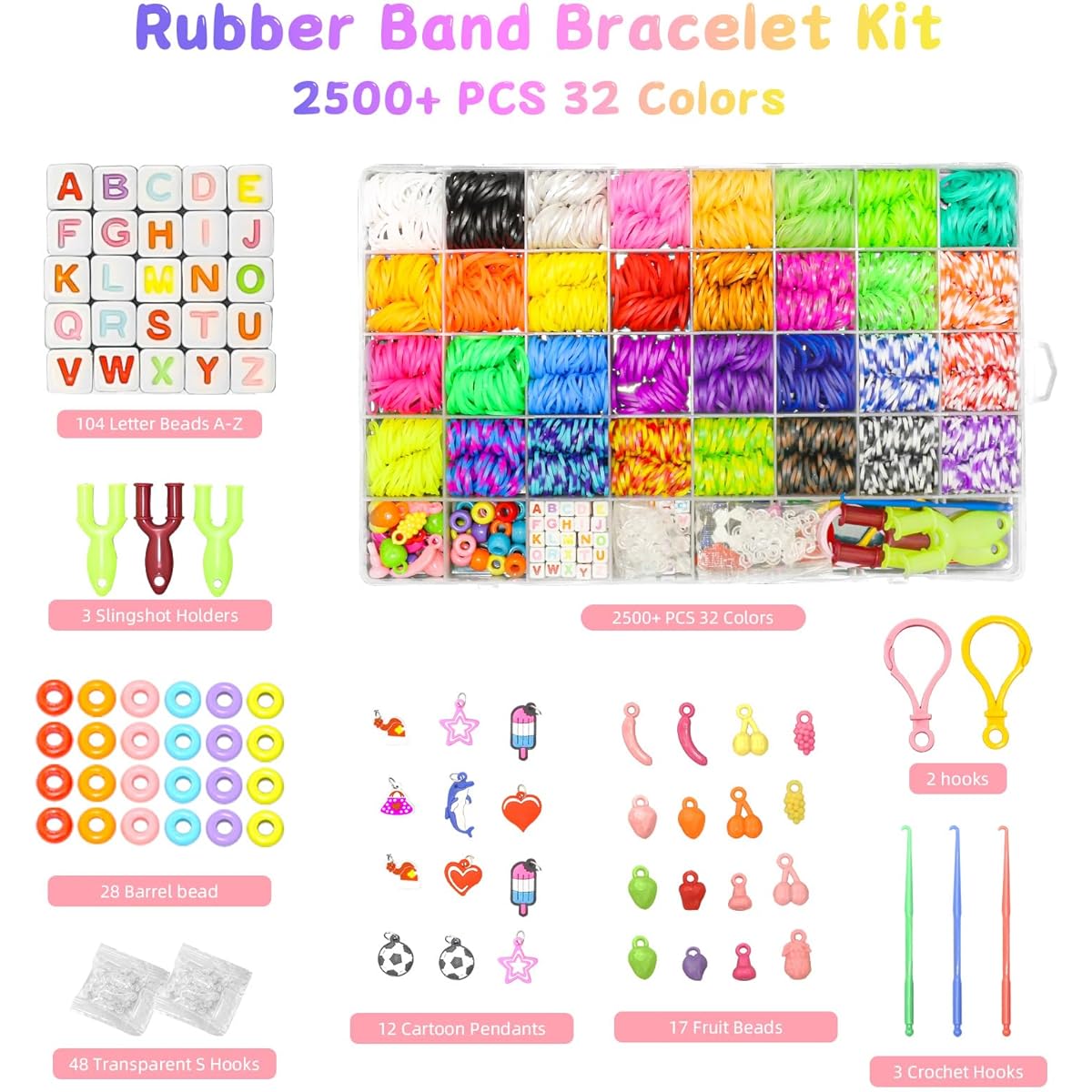 chuangzhi 2500+ Rubber Band Bracelet Kit 32 Colors Rainbow Loom Refillable Bracelet Kit Loom Band Kit Bracelet Making Kit for Kids DIY Craft Birthday Christmas Gift