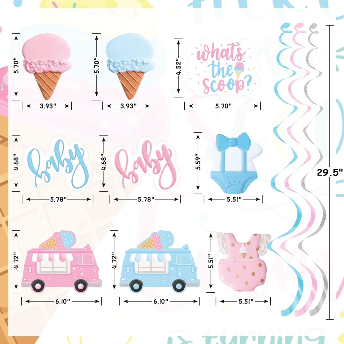 Ice Cream Gender Reveal Party Decorations, 20pcs Ice Cream What's the Scoop Hanging Swirls Pink Blue Ceiling Streamers Summer Ice Cream Theme for Boy or Girl Baby Shower Mommy Party Supplies
