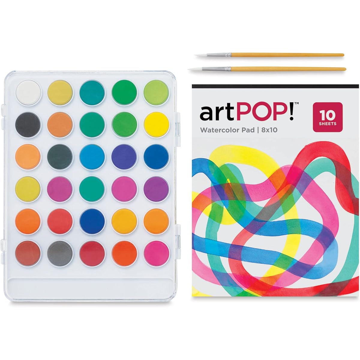 artPOP! Watercolor Kit, Convenient Palette Case with Reclosable Lid, Set of 30 Pressed Watercolor Paper Pads, 8" x 10", Pack of 10, Includes 2 Medium Paint Brushes