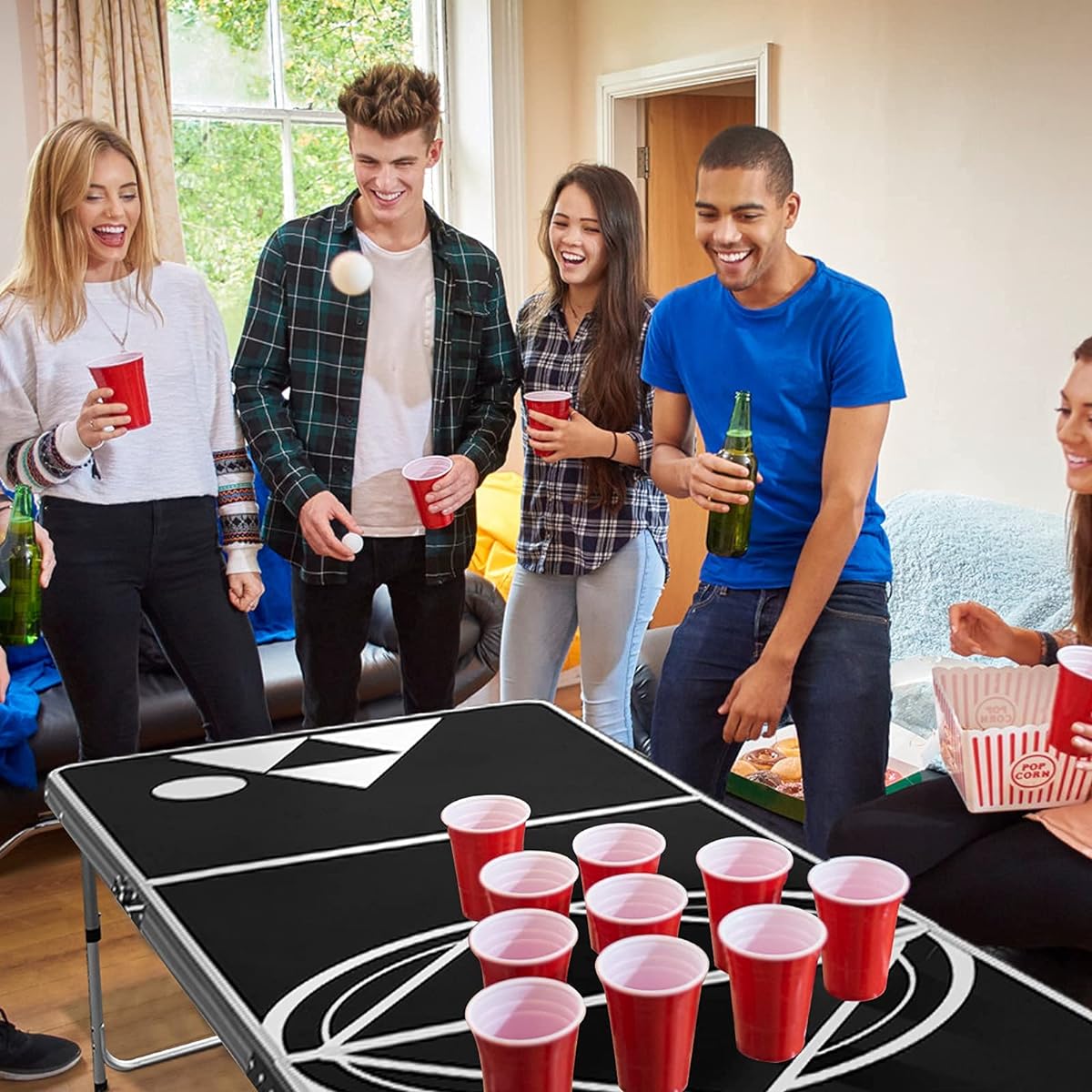 Goplus 8ft Portable Beer Pong Table, Foldable Party Pong Tailgate Table with 2 Adjustable Heights and Carry Handle, Party Drinking Game Table for Outdoor & Indoor Use