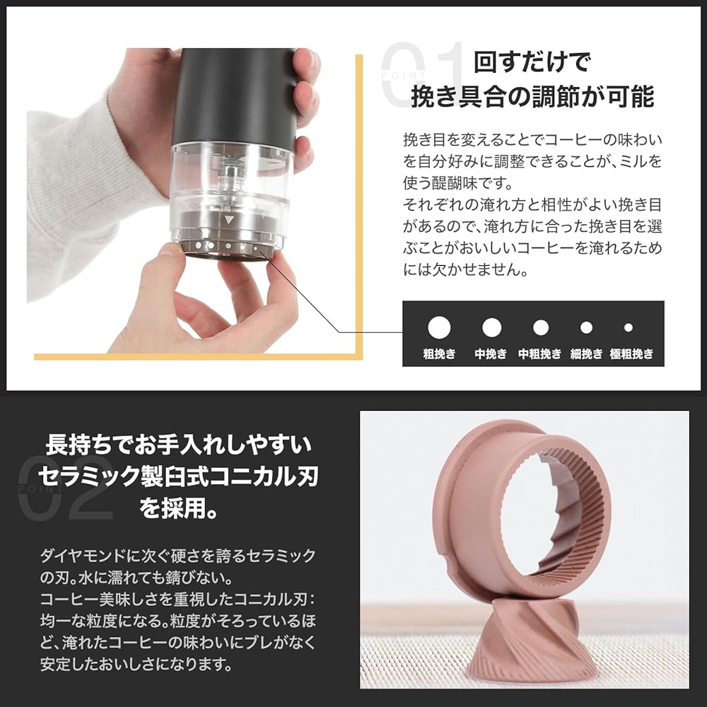 Mt.RAYWOOD Electric Manual 2way Portable Outdoor Camping Compact Small Rechargeable Hand Grind Washable Mortar Type Ceramic Filter Included Easy to Clean