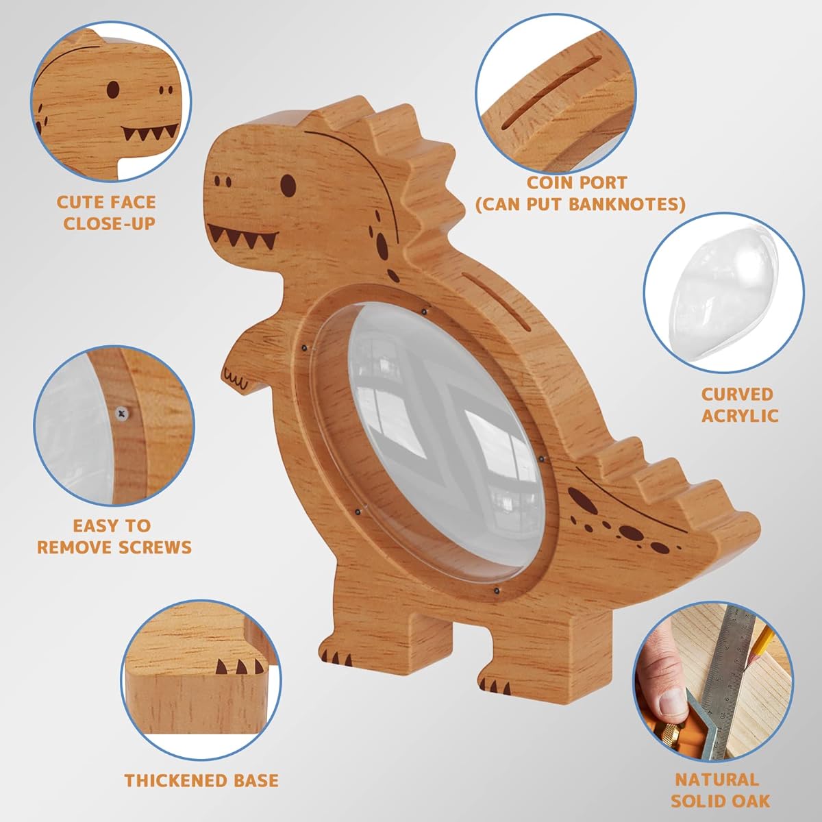 Wooden Clear Dinosaur Piggy Bank for Boys Girls Kids, Large Unbreakable Wooden Money Box, Cute Coin Bank, Creative Piggy Bank, Christmas Birthday Gift, Baby Shower (T-Rex)…