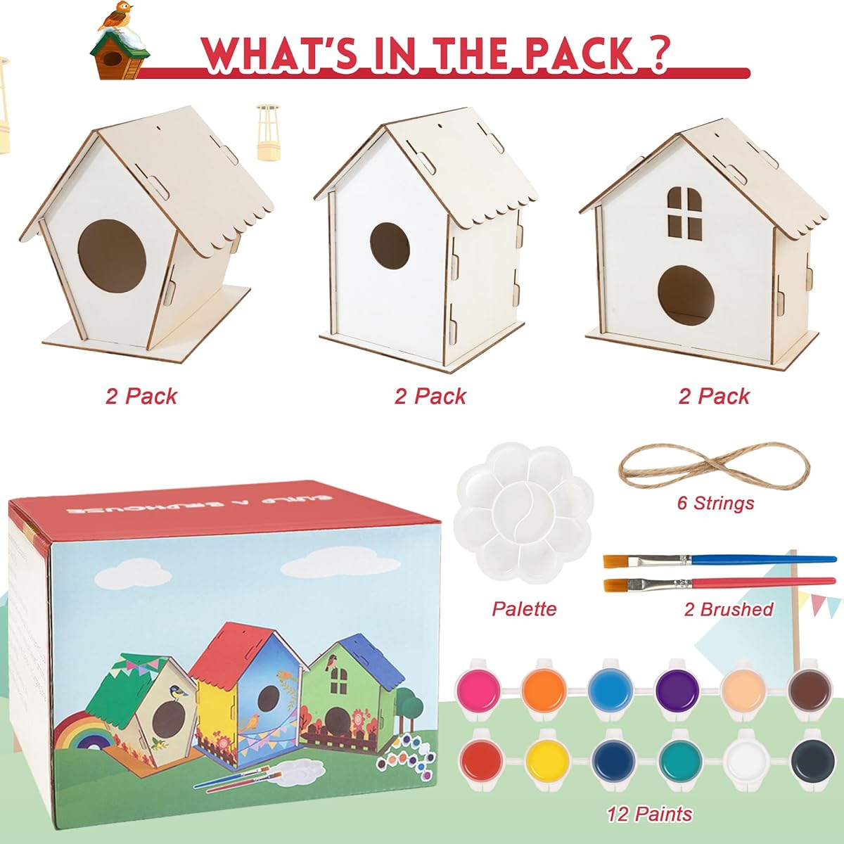 Treewant Birdhouse Kit Arts & Crafts 6 Pack for Kids Ages 3-8, Birdhouse Wooden Art Kit, Outdoor Toys, Paint Kit, Christmas, Easter Gifts for 8-12