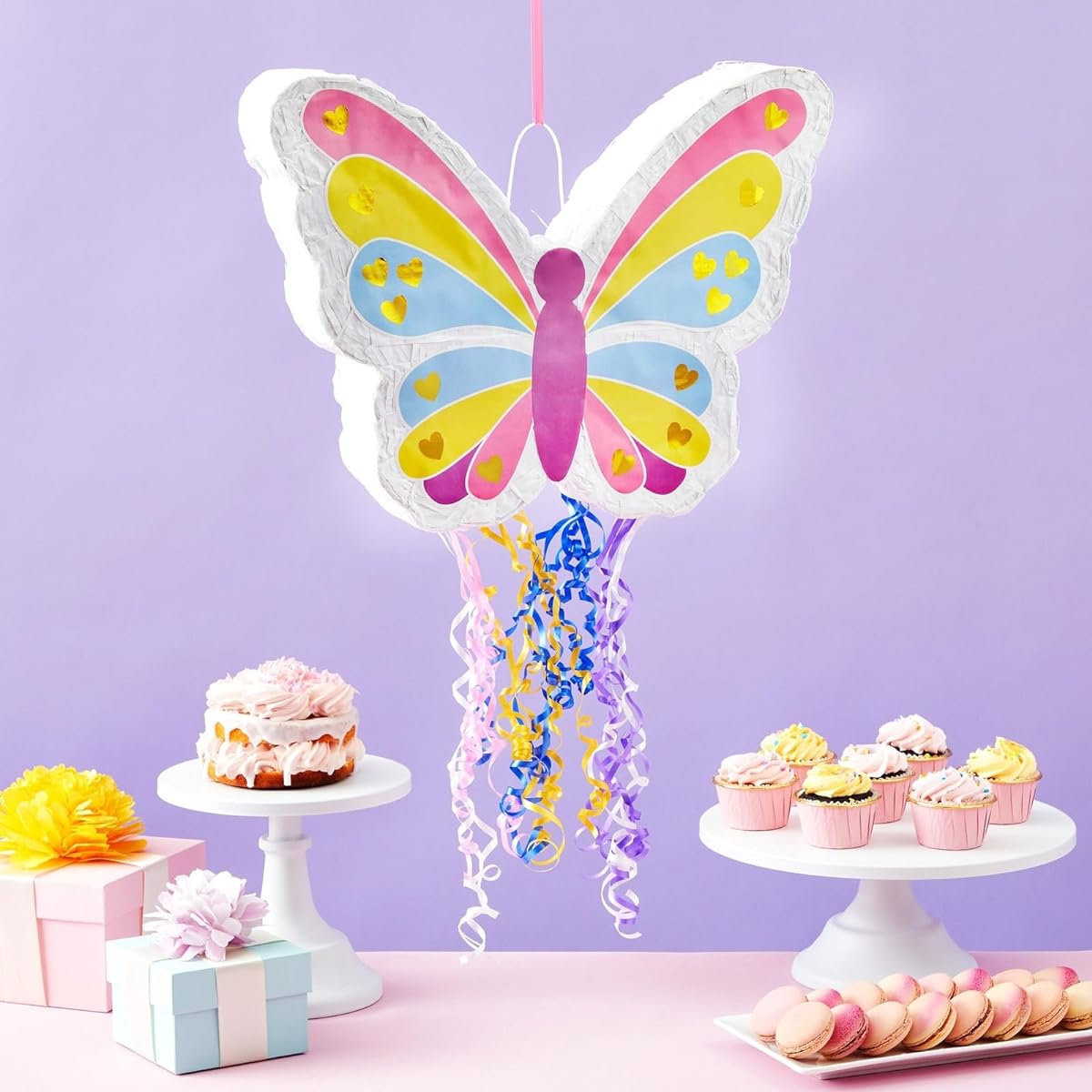 Pull String Butterfly Pinata for Girls Birthday Party Floral Themed Celebration Fairy Decorations (Small, 16.5 x 13 x 3 Inches)