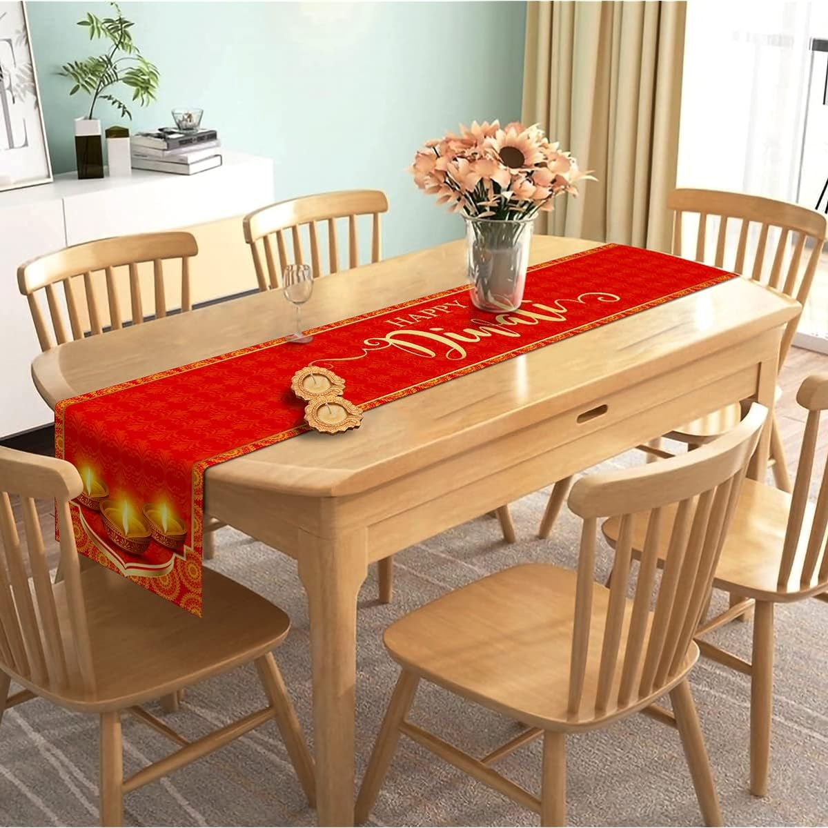 Nepnuser Diwali Table Runner Indian Festival of Lights Party Supplies Happy Deepavali Decorations for Kitchen Dining Room Home Decoration