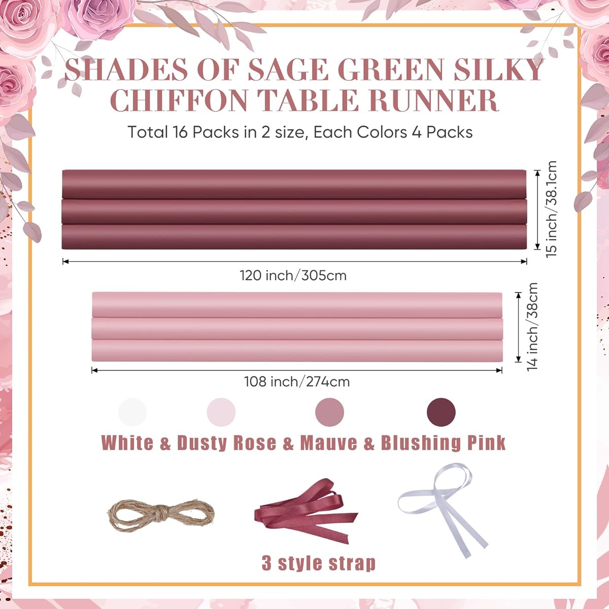 Redbaker Chiffon Table Runners for Weddings 10ft/9ft Boho Table Runners Rustic Table Decor for Wedding Reception Wedding Bridal Shower Birthday Party 16pcs (Rose)
