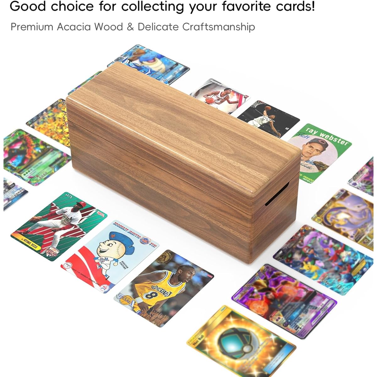 Neando Card Storage Box for PTCG Trading Cards, Magic MTG Card Organizer 5 Compartments Fits 600+ Single Sleeved Cards, Acacia Wood