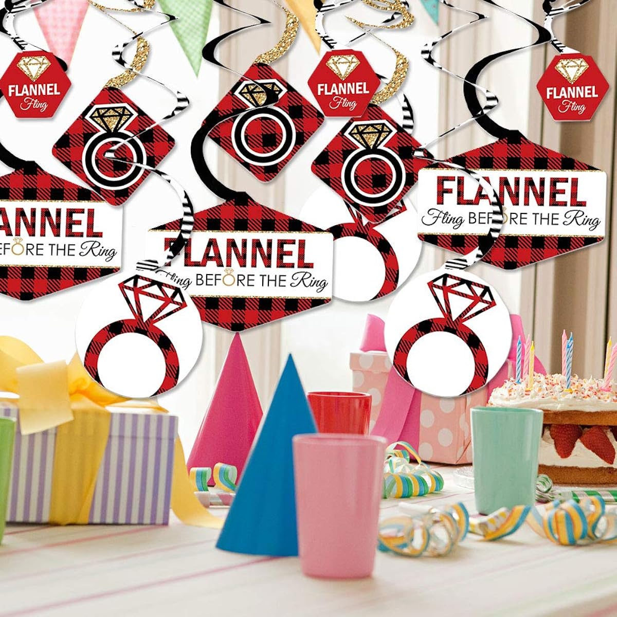 Big Dot of Happiness Flannel Fling Before The Ring - Buffalo Check Bachelorette Party Hanging Decor - Party Decorations Swirls - Set of 40