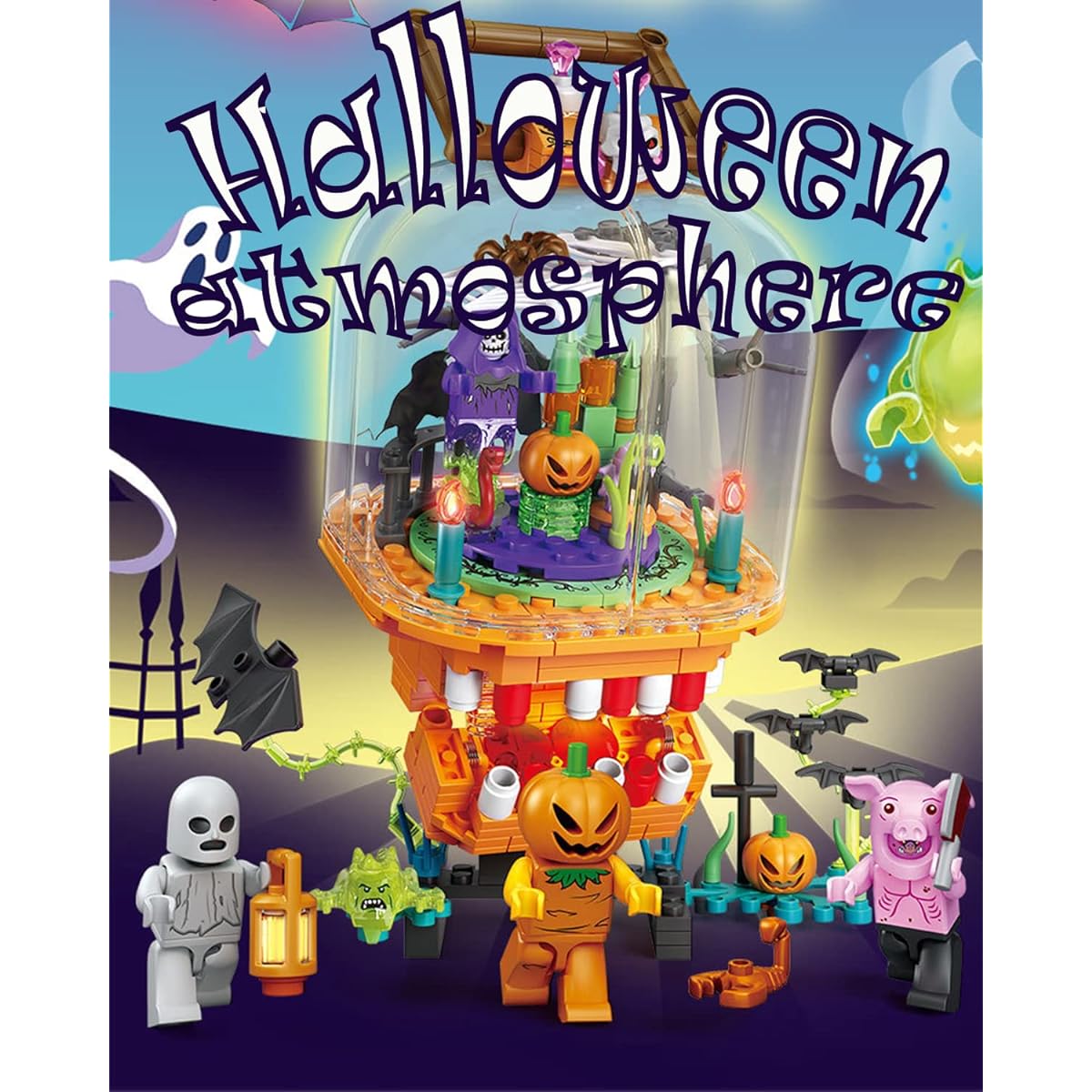 Building Blocks Building Toys 3D Toy Blocks DIY Brick Toys Building Set Unique Home Decoration Birthday Tricky Magic Night Pumpkin Wizard (Halloween Light)