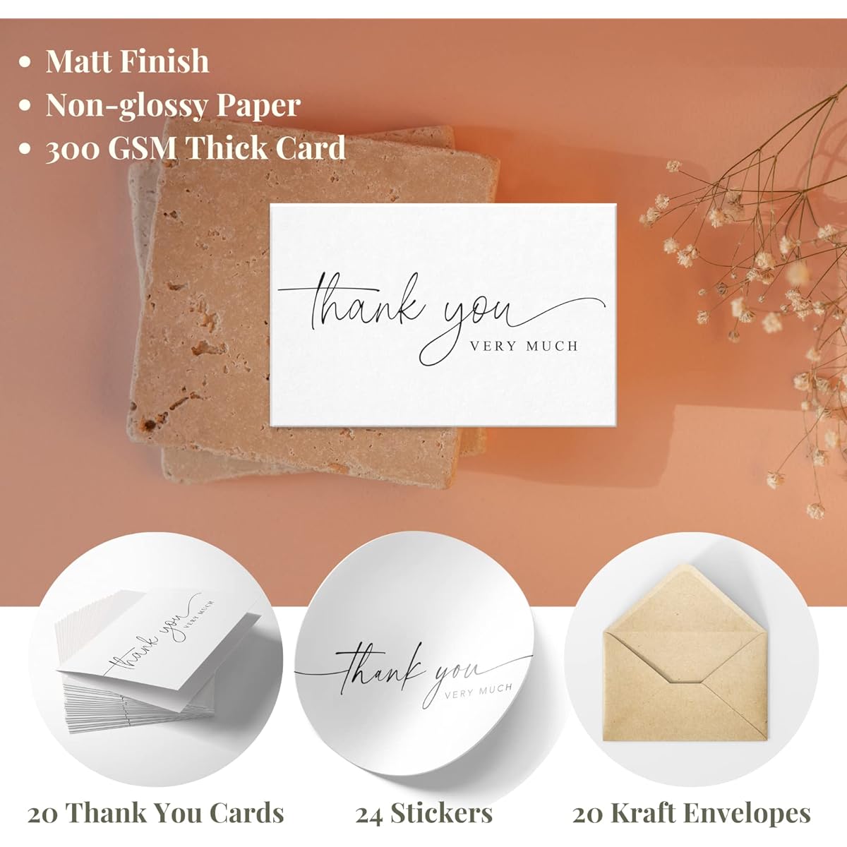 Paper Play Thank You Cards - 20 with Kraft Envelopes and Stickers, 4x6 Inch, Professional and Minimalist Look | Business, Baby Shower, Wedding, Graduation, Bridal Shower, Funeral