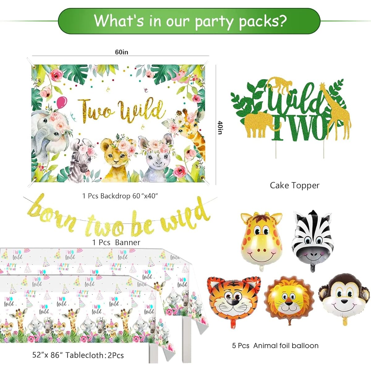 GREPARPY 2nd Birthday Party Supplies - Born Two Be Wild Banner, Backdrop, Cake Topper, Tablecloth, Cupcake Stand, Balloons for Safari Birthday Decorations