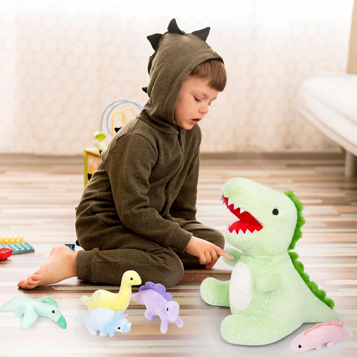 GEWUJATOP Dinosaur Plush Toy, Mommy and Dinosaur Plush Toy Baby, 16.5" T-rex Dinosaur Mummy Stuffed Animal with 5 Baby Dinosaurs for Kids, Babies, Birthday, Christmas