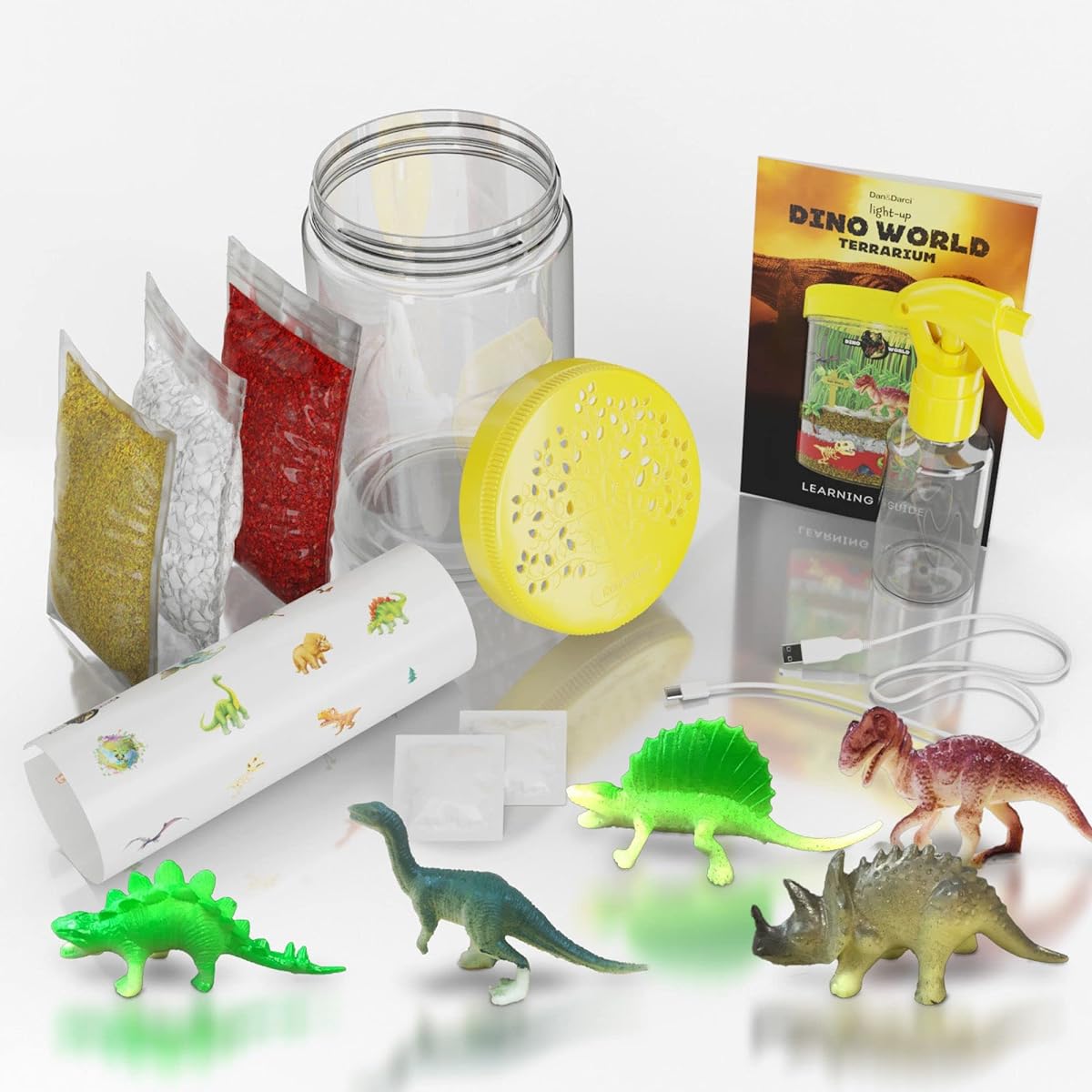 Dino World Terrarium Kit for Kids - LED Light in Lid - Gift for Boys and Girls Ages 3 4 5 6 7 8+ - Dinosaur Garden + Toy Dinosaurs - STEM Science Gardening Kit