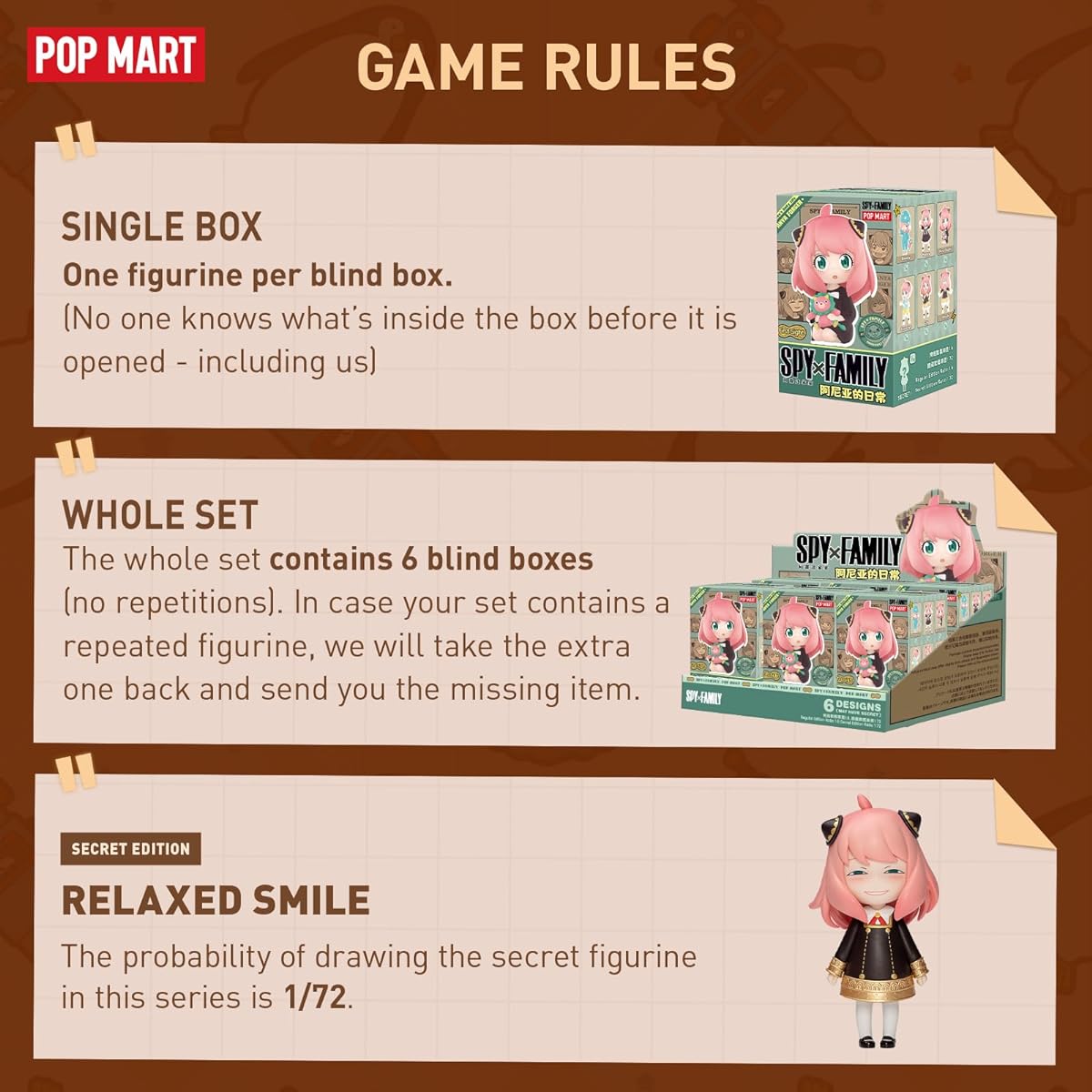 POP MART Spy x Family Anya's Daily Life Series Figures, Random Design Mystery Toys Modern Home Halloween Decorations for Indoor Use Collectible Toy Set Desk Accessories 6pcs