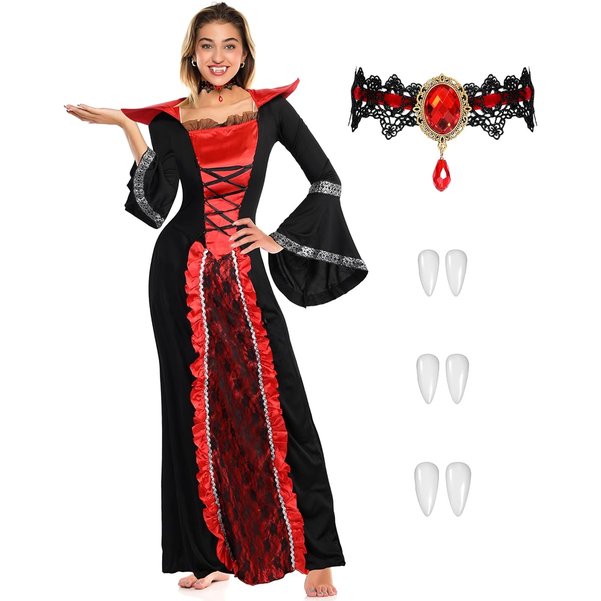 Xtinmee 5 Piece Royal Vampire Costume Set for Girls Vampire Theme Party Victorian Vampire Queen Role Playing Halloween Party