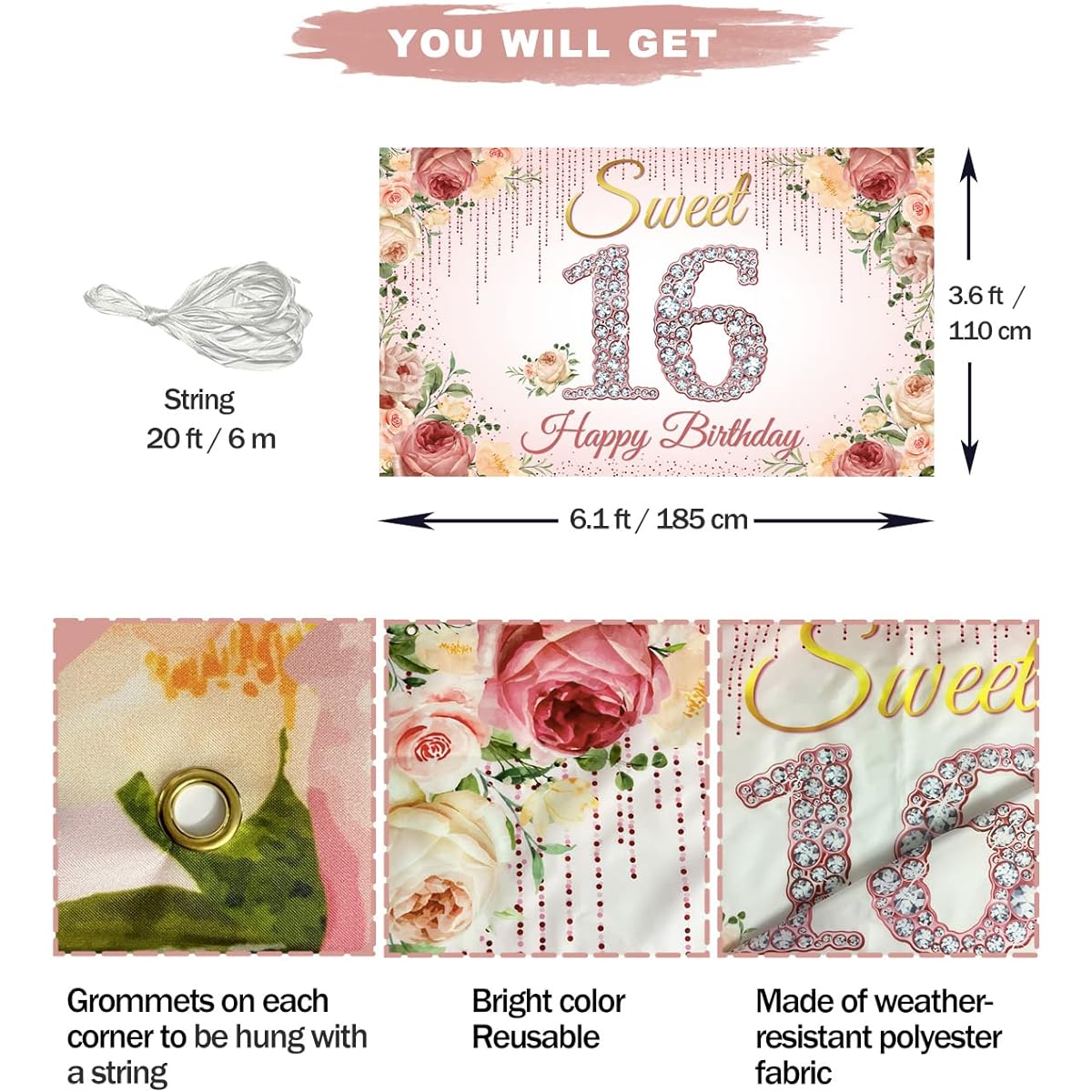 HTDZZI Sweet 16th Birthday Decorations, Rose Gold Happy 16th Birthday Backdrop for Girls Pink Floral Sweet Sixteen Party Decorations Sweet 16 Yard Sign Photo Booth Props Fabric 6' x 3'
