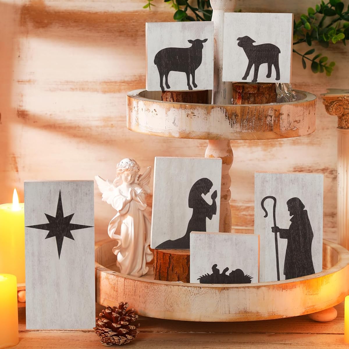 Panelee Christmas Tiered Tray Decor, Rustic Nativity Standing Block Decor, Home Farmhouse Nativity Table Centerpieces, Christmas Tiered Tray Shelf for Party Decorations (Nativity)