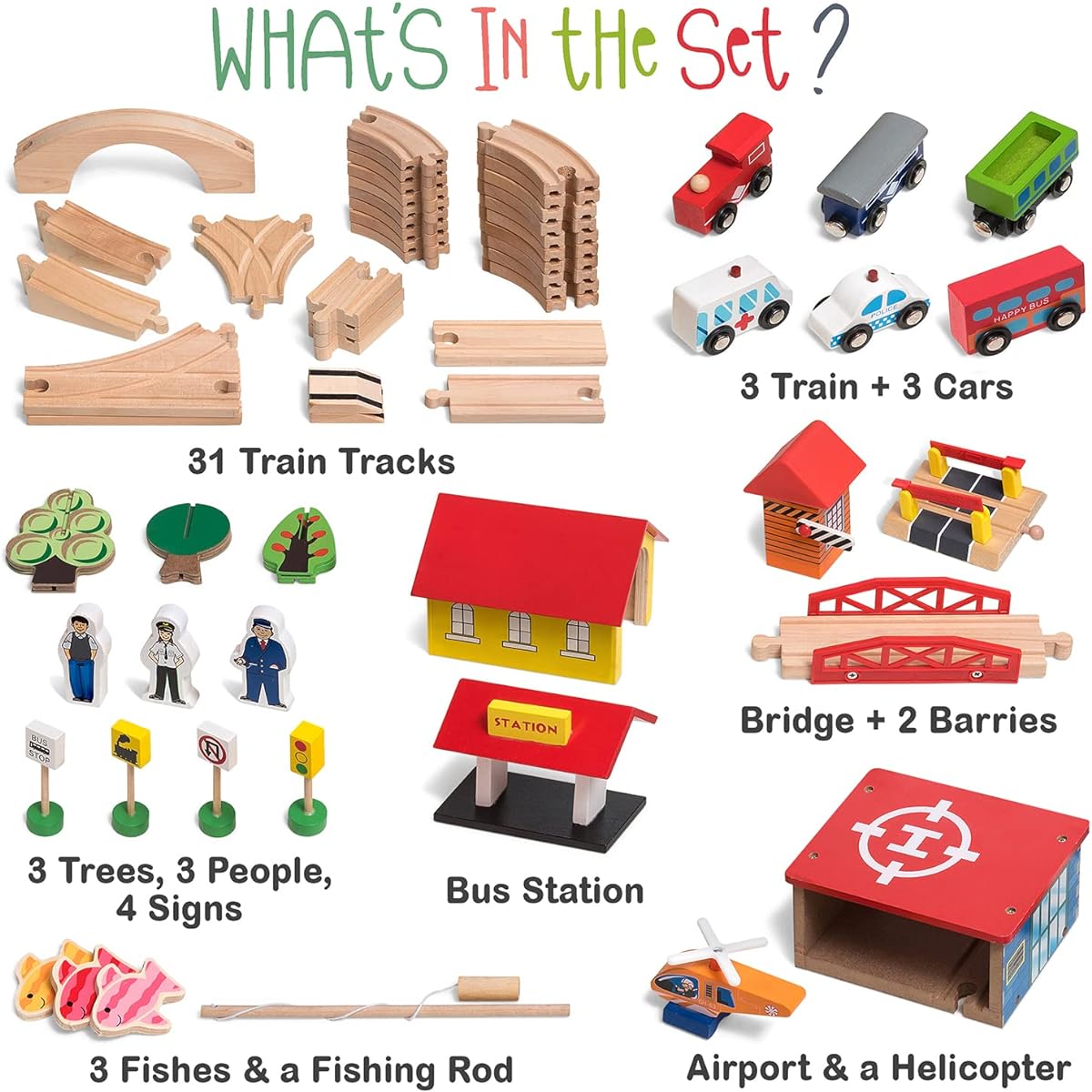 KipiPol Wooden Train Set - 69 Piece Wooden Train Track & Trains for Kids Toddlers Boys Girls Ages 3, 4, 5+ - Premium Wooden Construction Toy - Fits Thomas, Brio, IKEA, Melissa, Doug