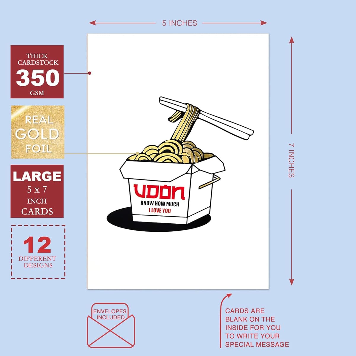 12 Cute and Funny Food Themed Greeting Cards - I Love You Happy Birthday Thank You Cards Perfect for Foodies - Large 5 x 7 Inch with White Envelopes
