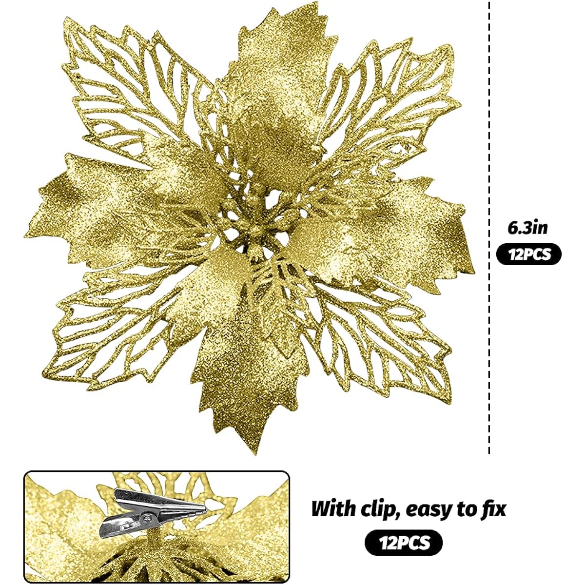 Vanleonet 12pcs Christmas Glitter Artificial Poinsettia Flowers Christmas Flower Decorations Glitter Poinsettia Tree Ornaments Christmas Wreath Wedding Christmas Tree New Year Decorations